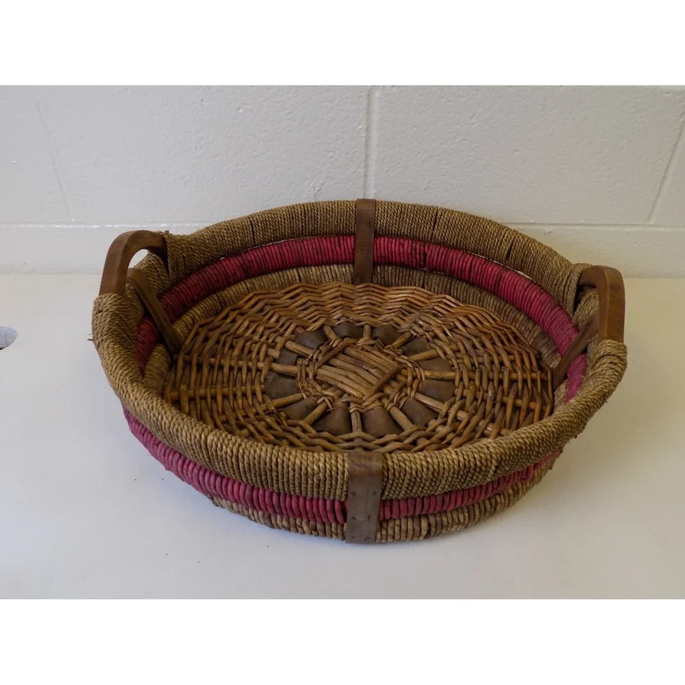 Large Vintage Woven Basket Tray w/ Wood Handles Red Accent Round Boho 20